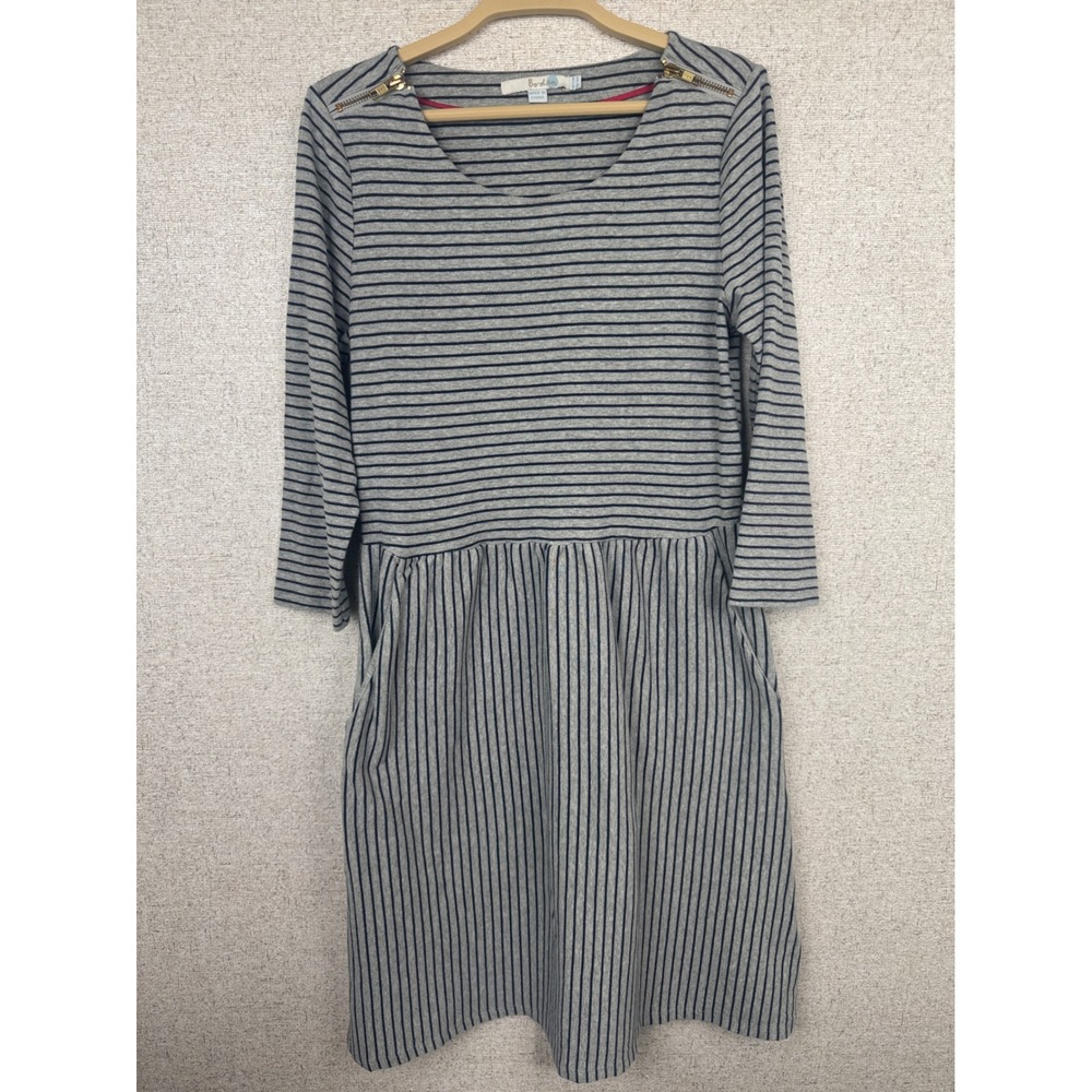 Boden Gray Navy Striped Fit and Flare Dress Zip Shoulder Pockets 3/4 Sleeve US 8